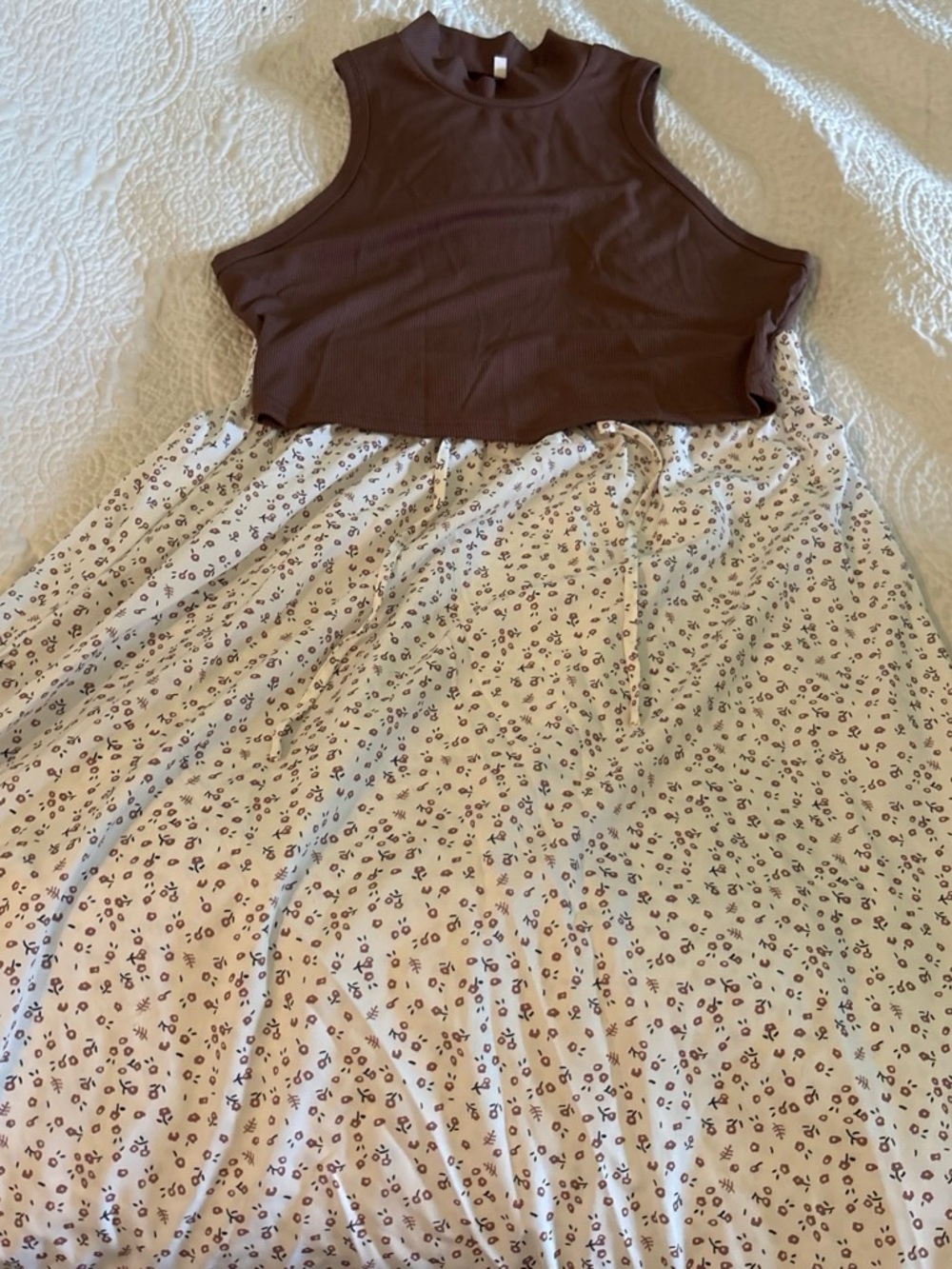 Brown Ribbed Crop Tank with Cream Floral Maxi Skirt
